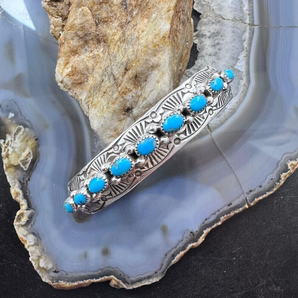 Grace Silver Sterling Single Row 9 Oval Kingman Turquoise Bracelet For Women - Picture 2 of 10